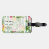Étiquette À Bagage Fleurs et ananas tropicaux sur les rayures (Dos horizontal)
