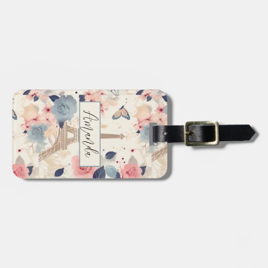Étiquette À Bagage Fleurs et Tour Eiffel Paris Motif de voyage (Devant horizontal)