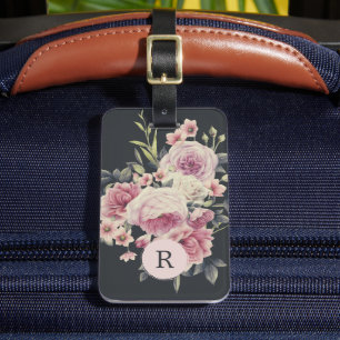Étiquette À Bagage Fleurs foncées sur fond noir   Monogramme