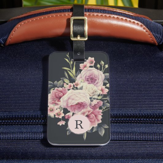 Étiquette À Bagage Fleurs foncées sur fond noir | Monogramme (Insitu Rectoal 2)