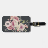 Étiquette À Bagage Fleurs foncées sur fond noir | Monogramme (Devant horizontal)