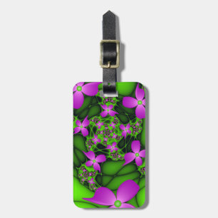 Étiquette À Bagage Fleurs fractales abstraites modernes rose vert néo