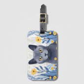 Étiquette À Bagage Fleurs Jaunes Chat Bleu Russe (Devant Vertical)