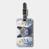Étiquette À Bagage Fleurs Jaunes Chat Bleu Russe (Devant Vertical)