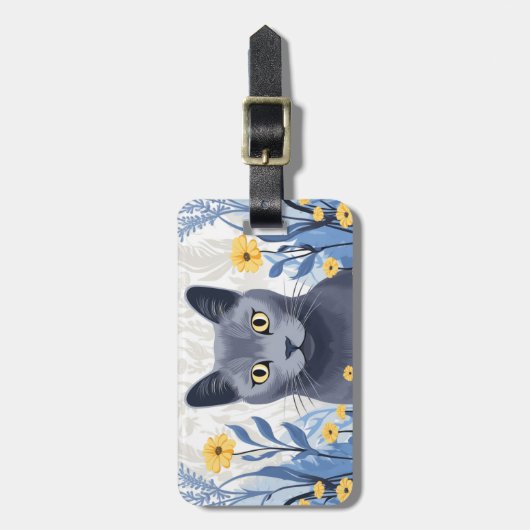 Étiquette À Bagage Fleurs Jaunes Chat Bleu Russe (Devant Vertical)