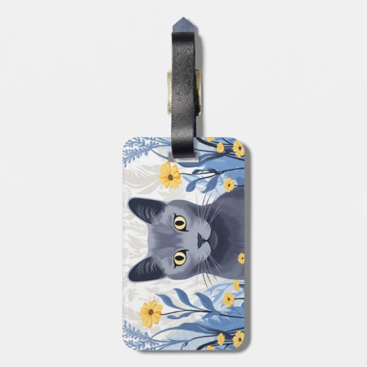 Étiquette À Bagage Fleurs Jaunes Chat Bleu Russe (Dos Vertical)