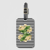 Étiquette À Bagage Fleurs jaunes sur rayures noir et blanc (Devant Vertical)