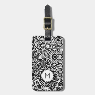 Étiquette À Bagage Fleurs modernes noir et blanc Monogramme initiale 