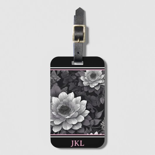 Étiquette À Bagage Fleurs noires et blanches (Devant Vertical)