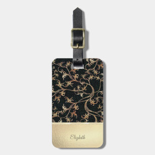 Étiquette À Bagage Fleurs Pailletées Or Chic Élégant - Personnalisé
