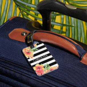 Étiquette À Bagage Fleurs personnalisées Aquarelle Rayures Noir Blanc