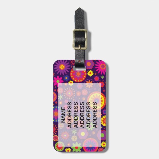 Étiquette À Bagage Fleurs pourpres hippies d'arc-en-ciel (Devant Vertical)