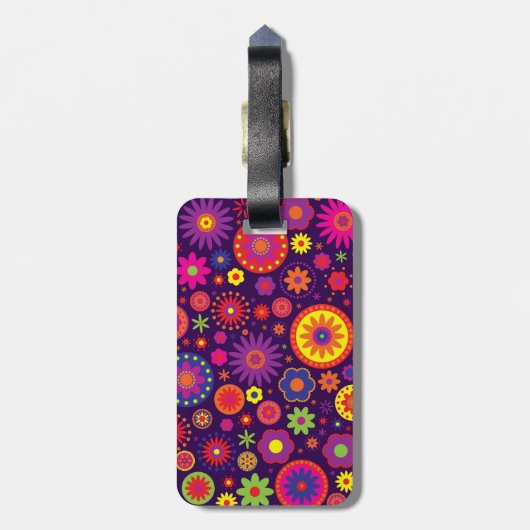 Étiquette À Bagage Fleurs pourpres hippies d'arc-en-ciel (Dos Vertical)