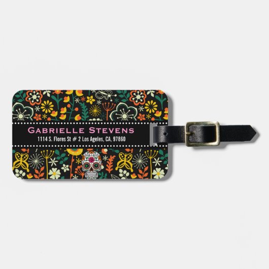 Étiquette À Bagage Fleurs Rétro Et Crâne De Sucre (Devant horizontal)