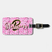Étiquette À Bagage Fleurs roses cool (Nom & Initiale) Monogramme fémi (Devant horizontal)