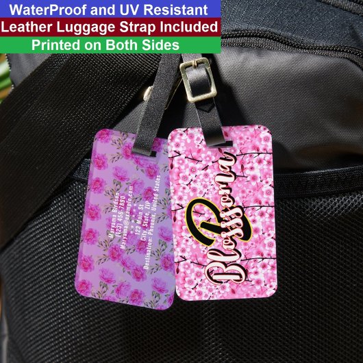 Étiquette À Bagage Fleurs roses cool (Nom & Initiale) Monogramme fémi
