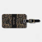 Étiquette À Bagage Fleurs roses en or noir (Devant horizontal)