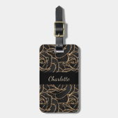 Étiquette À Bagage Fleurs roses en or noir (Devant Vertical)