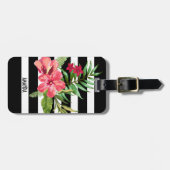 Étiquette À Bagage Fleurs Roses Et Blancs Noirs (Devant horizontal)
