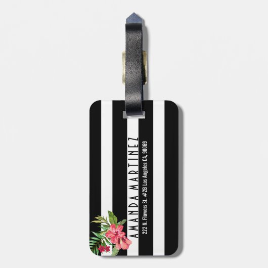 Étiquette À Bagage Fleurs Roses Et Blancs Noirs (Dos Vertical)