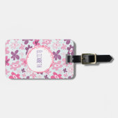 Étiquette À Bagage Fleurs roses et Coeurs Bleus mignons Whimsical (Devant horizontal)