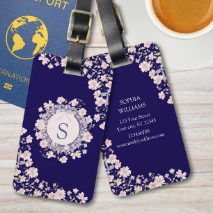 Étiquette À Bagage Fleurs roses et floral en dentelle à monogramme