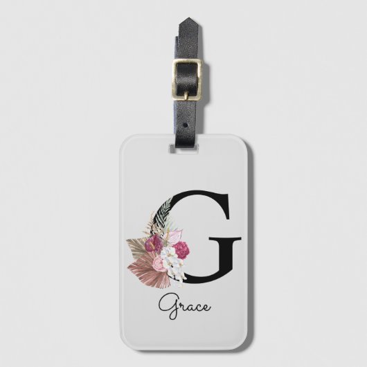 Étiquette À Bagage Fleurs roses initiales G monogrammées (Devant Vertical)