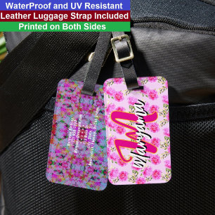 Étiquette À Bagage Fleurs roses (joli nom et initiale) Monogramme fém