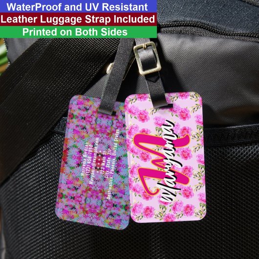 Étiquette À Bagage Fleurs roses (joli nom et initiale) Monogramme fém
