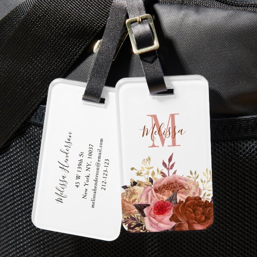 Étiquette À Bagage Fleurs roses monogrammées