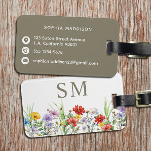 Étiquette À Bagage Fleurs sauvages aquarelle rustique marron monogram