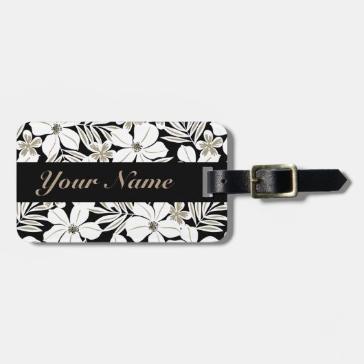 Étiquette À Bagage Fleurs tropicales blanches en noir (Devant horizontal)