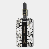 Étiquette À Bagage Fleurs tropicales blanches en noir (Devant Vertical)