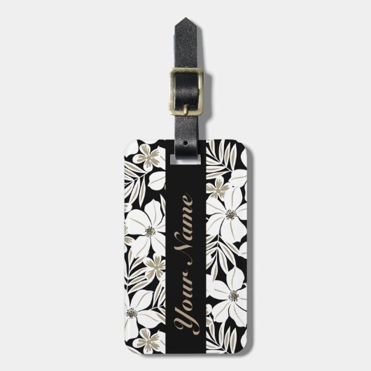 Étiquette À Bagage Fleurs tropicales blanches en noir (Devant Vertical)