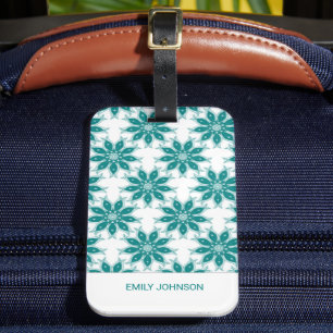 Étiquette À Bagage fleurs turquoises nom personnalisé blanc