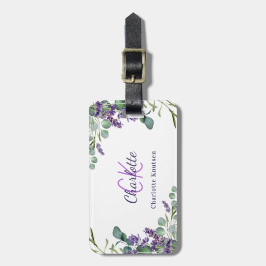 Étiquette À Bagage Fleurs violette de lavande nom monogramme (Devant Vertical)