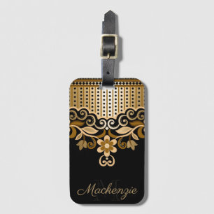 Étiquette À Bagage Floral Abstrait noir et or