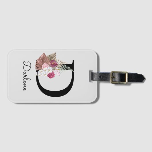 Étiquette À Bagage Floral Boho rose monogramme D initial (Devant Horizontal)