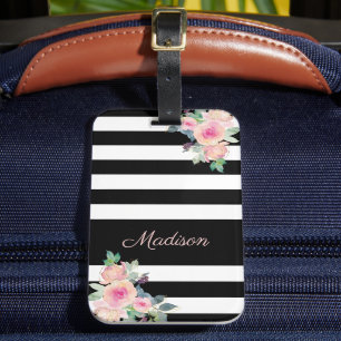 Étiquette À Bagage Floral Elegant Stripes Nom Rose Noir Blanc