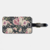 Étiquette À Bagage Floral foncé sur noir | Monogramme (Dos horizontal)