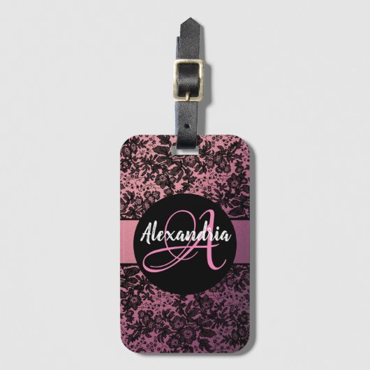 Étiquette À Bagage Floral Moody foncé sur Monogramme rose (Devant Vertical)