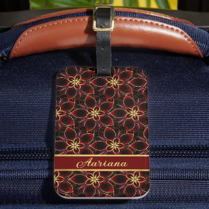 Étiquette À Bagage Floral Motif Rouge Et Or Sans Fer