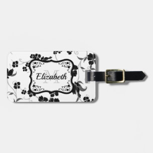 Étiquette À Bagage Floral noir et blanc