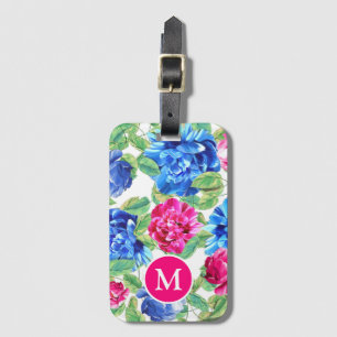 Étiquette À Bagage Floral rose clair et bleu joli Monogramme