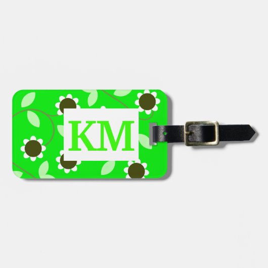 Étiquette À Bagage Floral vert monogramme (Devant horizontal)