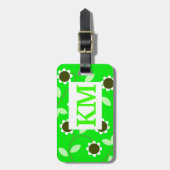 Étiquette À Bagage Floral vert monogramme (Devant Vertical)