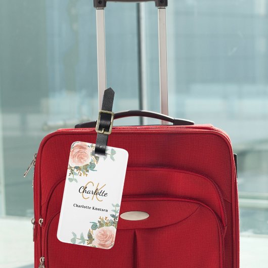 Étiquette À Bagage Floraux d'or rose monogramme élégant