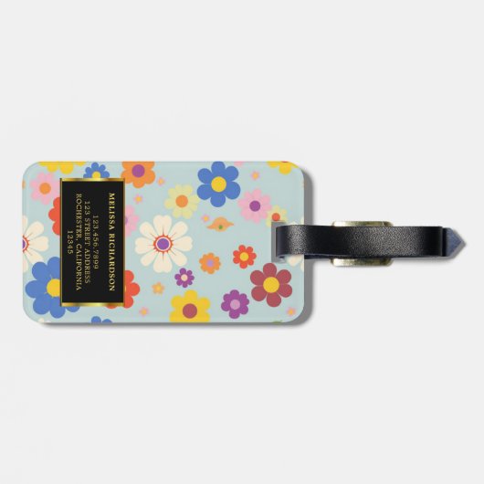 Étiquette À Bagage Flores d'aquarelle moderne noir or monogramme (Dos horizontal)