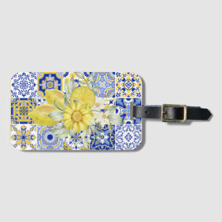 Étiquette À Bagage Flores de mosaïque en bleu et jaune