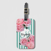 Étiquette À Bagage Flores roses vert rayures blanches monogramme (Devant Vertical)